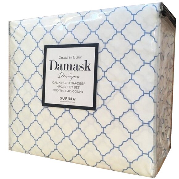 new ARABESQUE Charter Club 550 TC Cotton CAL KING X-Deep Sheet Set BLUE on WHITE - Picture 1 of 12